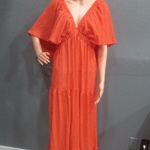 Sunnow Flowy Women's Maxi Dress  V-neck Backless Tiered Silhouette In  Orange